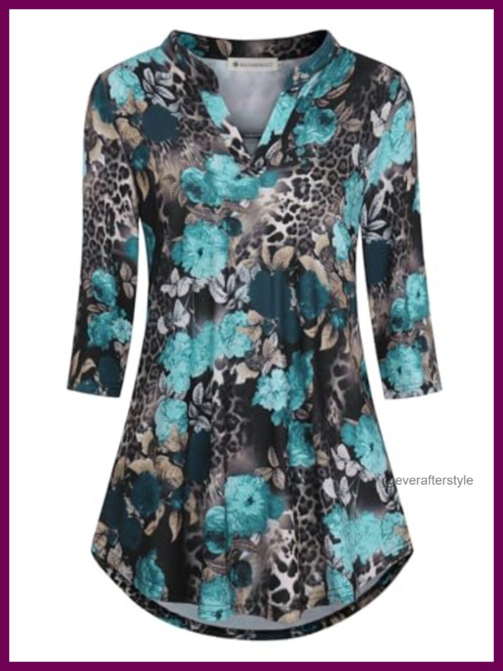Women's 3/4 Sleeve Notch V Neck Floral Work Blouse Tunic Top